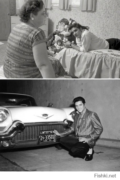 Элвис Пресли с матерью. «Я подарил своей матери машину ее мечты — розовый кадиллак» — Э. Пресли.