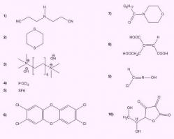 1) Отравляющее вещество психогенного действия. Вызывает у подопытных животных движение вспять и по кругу. Состояние это необратимо. 

2) 1,4-Дитиан - вещество нетоксичное - продукт дегазации иприта растворимыми сульфидами. 

3) Так называемый декаметоний. Обладает курареподобным действием. По этому параметру превосходит действующее начало кураре (тубокурарин) в пять раз. 

4) Оксихлорид фосфора - высокотоксичное летучее вещество с низкой смертельной концентрацией. ПДК в десять раз ниже, чем у фосгена. 

5) Вещество нетоксично. У подопытных животных, вдыхавших его на протяжении нескольких часов в концентрации 80 %, не обнаружено никаких признаков отравления. 

6) Диоксин - самый сильный из небелковых ядов. 

7) Морфолид пеларгоновой кислоты, по раздражающему действию на глаза и органы дыхания в пять раз превосходит хлорацетофенон. 

8) Аконитовая кислота - один из продуктов метаболизма. В отличие от алкалоида аконитина малотоксична. 

9) Отравляющее вещество, обладающее кожно-нарывным и раздражающим действием. Разлагается со взрывом выше 40 °С. 

10) Дегидроаскорбиновая кислота - продукт окисления витамина С. Действует на организм аналогично витамину С.