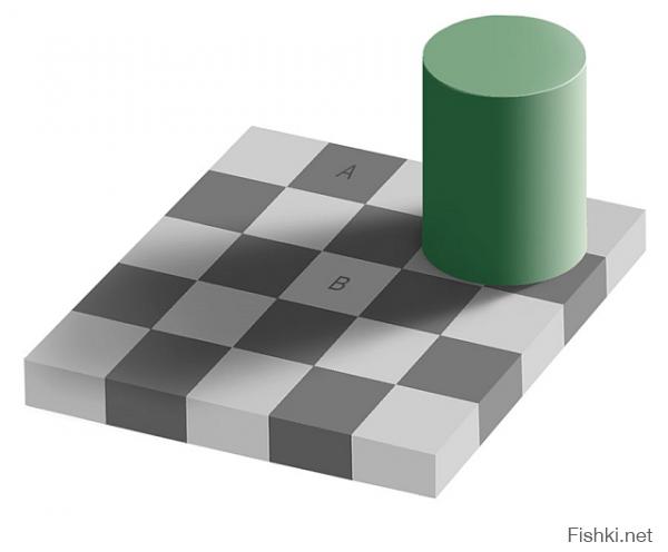 мои любимые иллюзии
квадратик А и В разного цвета или одного?!!!
красные полоски одинаковой длины или разной?!!!