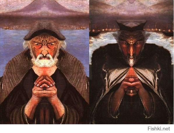 Вот тоже замечательная картина "Старый рыбак" венгерского художника Тивадар Костка Чонтвари.
Если приложить зеркало к обеим половинам картины (по вертикальной оси), то эффект выйдет диаметрально противоположным!