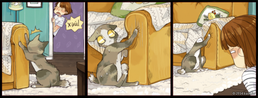 Так исторически сложилось, что я являюсь обладателем кучи курильских бобтейлов(это такая бесхвостая порода кошек похожих на маленькую рысь)
Драть диван когтями кошкам запрещено и они это знают, но всё равно эксцессы случаются. Выхожу из другой комнаты, и застаю одну из котеек "в процессе". Она просекает тему и пытается слинять. Но как назло когти застряли в диване.
Происходит немая сцена - кошка дёргается на одном месте как Вицин в "Кавказской пленнице", потом зависает на пару секунд в раздумье, глядя мне в глаза, и тут её осеняет! Второй свободной лапой стягивает с дивана на себя уголок пледа и затихает. Пофиг что бесхвостую задницу видно, главное сама спряталась. Даже поругать не смог(с)башорг