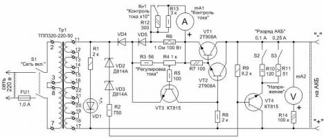 Моя была с браком. Во время первой же рарядки, устройство лишилось возможности работы от 220В. Работать согласилось только от блока питания на 12В. запах гари и греется сильно на 2х  nl189 nitecore﻿ китайское г... зацени настоящее зарядное устройство предназначено для заряда любых типов аккумуляторов - кислотных и щелочных аккумуляторных батарей напряжением от 1,5 до 15 вольт, током заряда от 50 миллиампер до 10 ампер. Возможен заряд как маленьких пальчиковых, так и больших свинцовых стартерных аккумуляторных батарей. 
      Устройство имеет схему стабилизации зарядного тока. По мере заряда аккумуляторной батареи, ток заряда не падает как у обычных зарядных устройств, а поддерживается на установленном уровне, что позволяет качественно заряжать аккумуляторную батарею.  Заряд аккумуляторной батареи производится прямоугольными импульсами частотой 50 Герц (положительной полуволной сетевого напряжения). В случае необходимости тренировки АКБ от сульфатации, включается схема «тренажа», которая используется во время действия отрицательной полуволны сетевого напряжения. Для кислотных аккумуляторных батарей ток разряда выбирается приблизительно в десять раз меньше тока заряда, ступенчато, с помощью тумблеров S2 (0,1А) и S3 (0,25А). При включении обоих тумблеров, ток разряда соответственно будет равен 0,35А. Таким образом, заряд кислотной аккумуляторной батареи с одновременным использованием схемы разряда должен производиться токами 1А, 2,5А и 3,5А соответственно. При выключенных переключателях схема разряда не действует.