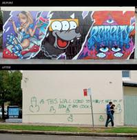 Это было другое графити. Закрашено по заявлению товарищества собственников жилья. Жеку как бы покую шо закрашивать если заявление есть. Хоть путина портретъ, хоть куй на всю стену. ТСЖ же за свои стены несут ответственность - обязаны содержать в чистоте. Вот и закрасили.

Тут как не смешно волевое решение чиновников нужно - упрощение регистрации и узаконивание "появившегося случайно" настенного творчества. В некоторых странах такое есть. А в некоторых даже очень "продвинутых и демократичных" нет - тоже закрашивают все что нарисуют.

Узаконивание мы кстати и наблюдаем в единичном случае - о том и пост.