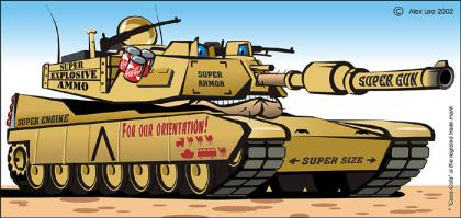 Отличный танк Абрамс.

Главное — высокотехнологичный. Вместо автомата заряжания у него установлен негр-качок, забрасывающий в казённик выстрелы. Ведения огня ракетами в нём исторически не предусмотрено. А на хрена оно надо? Да и выглядит впечатляюще. Башня размером с садовый домик.
Двигатель отличный. Почти как у Т-80 — только лучше. Температура исходящих газов такова, что ИК ГСН видит его из космоса.
Грамотно решён вопрос недостаточной мощности основного двигла для кручения садового домика с пушкой. За башней прилеплен дополнительный дизельный мотор. Вот его-то и норовят расстрелять из пулемёта обычно, что приводит неизбежно к полному выгоранию всего танка.
Ещё одно достоинство — низкая цена и хорошая технологичность. Наверное, потому, их практически никто покупать не собирается, кроме армии США. (