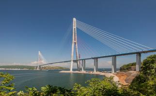 Русский мост — вантовый мост во Владивостоке через пролив Босфор Восточный, соединяет полуостров Назимова с мысом Новосильского на острове Русском[5]. Строительство было начато 3 сентября 2008 года в рамках программы подготовки города к проведению саммита АТЭС в 2012 году. Является самым высоким мостом в мире, после Виадук Мийо во Франции (343 метра) — 324 метра. На момент создания имел самый большой в мире пролёт среди вантовых мостов, длиной 1104 метра