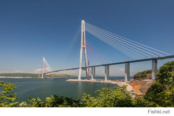 Русский мост — вантовый мост во Владивостоке через пролив Босфор Восточный, соединяет полуостров Назимова с мысом Новосильского на острове Русском[5]. Строительство было начато 3 сентября 2008 года в рамках программы подготовки города к проведению саммита АТЭС в 2012 году. Является самым высоким мостом в мире, после Виадук Мийо во Франции (343 метра) — 324 метра. На момент создания имел самый большой в мире пролёт среди вантовых мостов, длиной 1104 метра