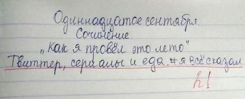И за что тут двойку поставили, если у него так лето и прошло. Не все же где то на курортах отдыхали или у бабушки в деревне. Или надо было подробнее расписать, что в твитере постил, какие сериалы смотрел и что кушал?