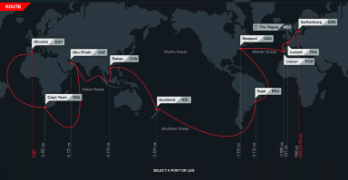 Вот их маршрут. 14 марта выйдут из Окленда. Следующий этап довольно трудный - если идти выше 40й параллели, то основная проблема - холод и обледенение, а ниже - бардак с муссонными ветрами.
Да, кстати, экипаж SCA - полностью женский.
Чтобы было интересней, вот маршрут гонки. И да, я фанат и смотрю за этой гонкой регулярно!