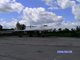 Был в музее дальней авиации в г.Полтава, так там гид рассказывал что из разобранных самолетов на металлолом, был самолет с налетом около 25 часов(новье). А ТУ-160 нельзя сдвигать с места, и обязали снять двигатели(привели в небоеспособное состояние).
Вот он единственный ТУ-160 в Украине.