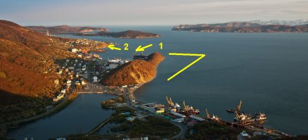 Сектор обстрела батерей с кораблей англичан.Высадка на косе не удалась.-№1.Высадились №2.Откуда потом десант был сброшен в воду.