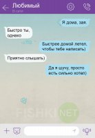 Это переписка из вайбера. Синим цветом выделено то, что ты пишешь, белым - то что тебе пишут. Человек говорящий о себе в мужском роде (см. последнее сообщение) переписывается с кем-то, кто подписан у него как "Любимый". Автор, готов тщательнее свою псевдо-переписку, а то педота какая-то получается!!!