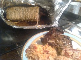 Свиная вырезка запечённая в (мёде ,перец чёрный,бадьяна звёздочка  расщеплённая и растёртая по мясу ,горсть барбариса ) в фольге . К подаче : Рис. Отваренный с  овощами .К мясу соус из КАЛИНЫ ЖЕЛЕ (натуральное!!!). Приятного ,ВАМ!  
Для пропорций обращайтесь .Продам рецепт.